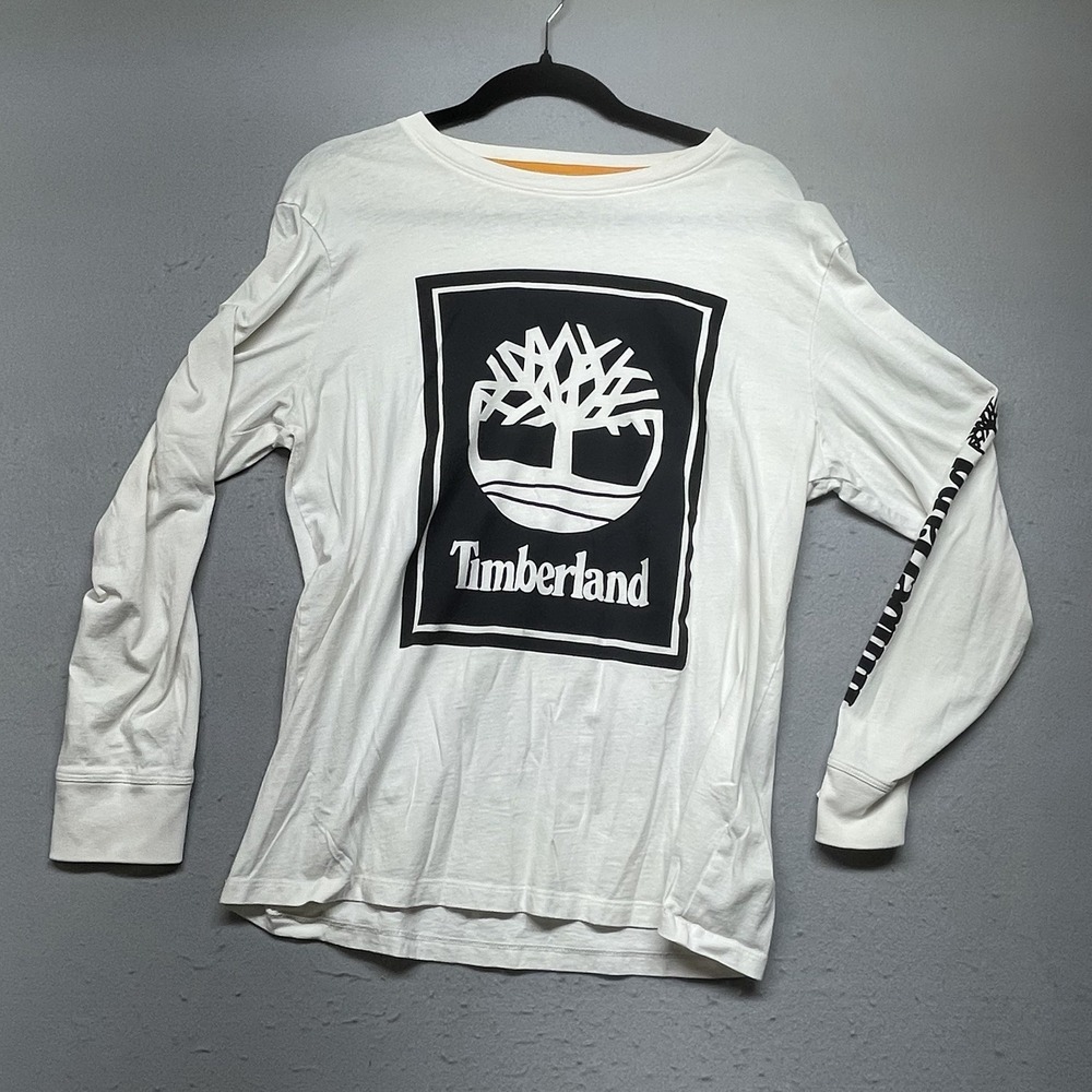 Timberland Shirt Mens Large White Long Sleeve Tree Logo Graphic Organic Cotton